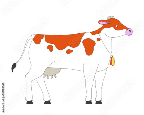 Farm cow with bell 2D cartoon character. Large cattle breeding. Milk and meat animal husbandry isolated flat vector animal white background. Agricultural livestock color spot illustration