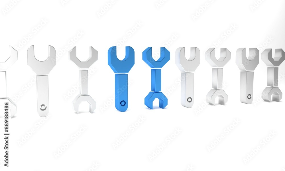 Blue Spanner icon isolated on white background. Minimalism concept. 3D render illustration Blue Spanner icon isolated on white background. Minimalism concept. 3D render illustration