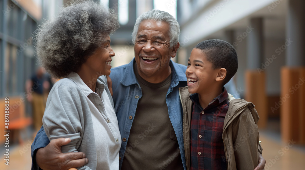Grandparent congratulating grandchild on a school achievement, proud and supportive, upper third copy space Grandparent congratulating grandchild on a school achievement, proud and supportive, upper third copy space
