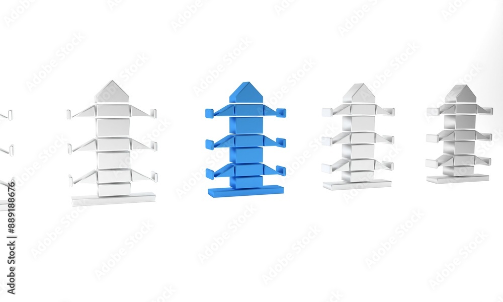 Blue Electric tower used to support an overhead power line icon isolated on white background. High voltage power pole line. Minimalism concept. 3D render illustration Blue Electric tower used to support an overhead power line icon isolated on white background. High voltage power pole line. Minimalism concept. 3D render illustration