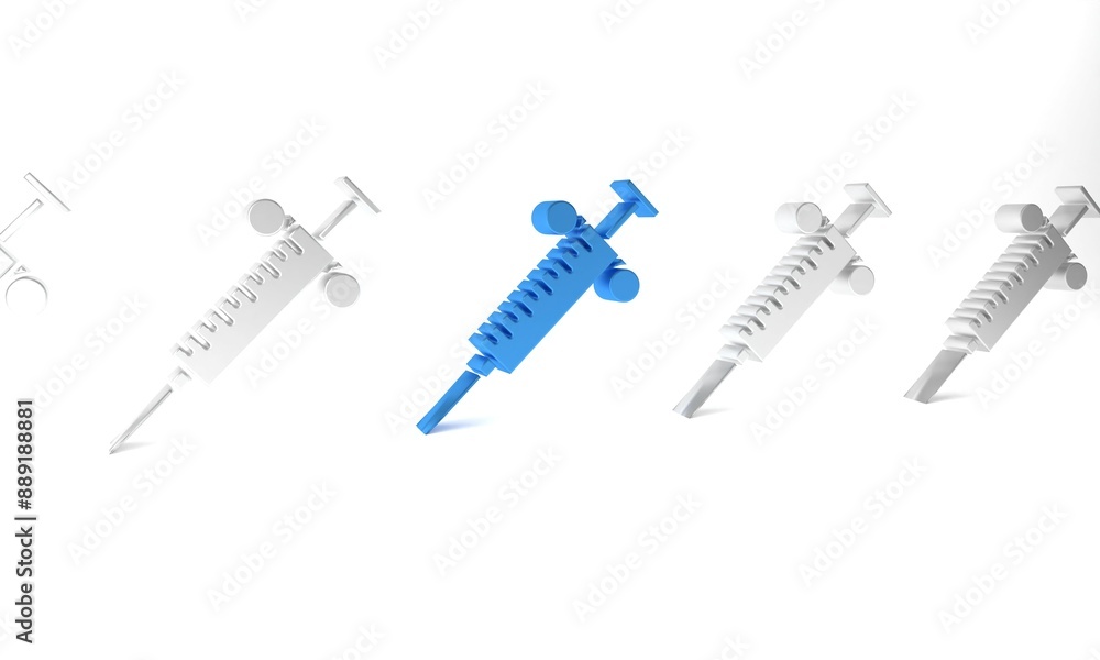 Blue Syringe icon isolated on white background. Syringe for vaccine, vaccination, injection, flu shot. Medical equipment. Minimalism concept. 3D render illustration Blue Syringe icon isolated on white background. Syringe for vaccine, vaccination, injection, flu shot. Medical equipment. Minimalism concept. 3D render illustration