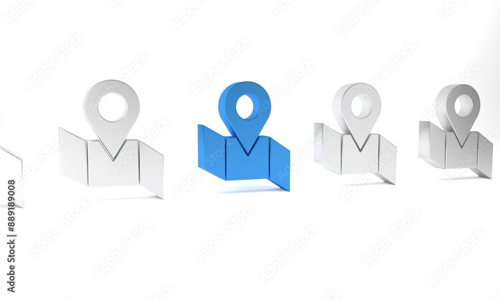 Blue Folded map with location marker icon isolated on white background. Minimalism concept. 3D render illustration Blue Folded map with location marker icon isolated on white background. Minimalism concept. 3D render illustration