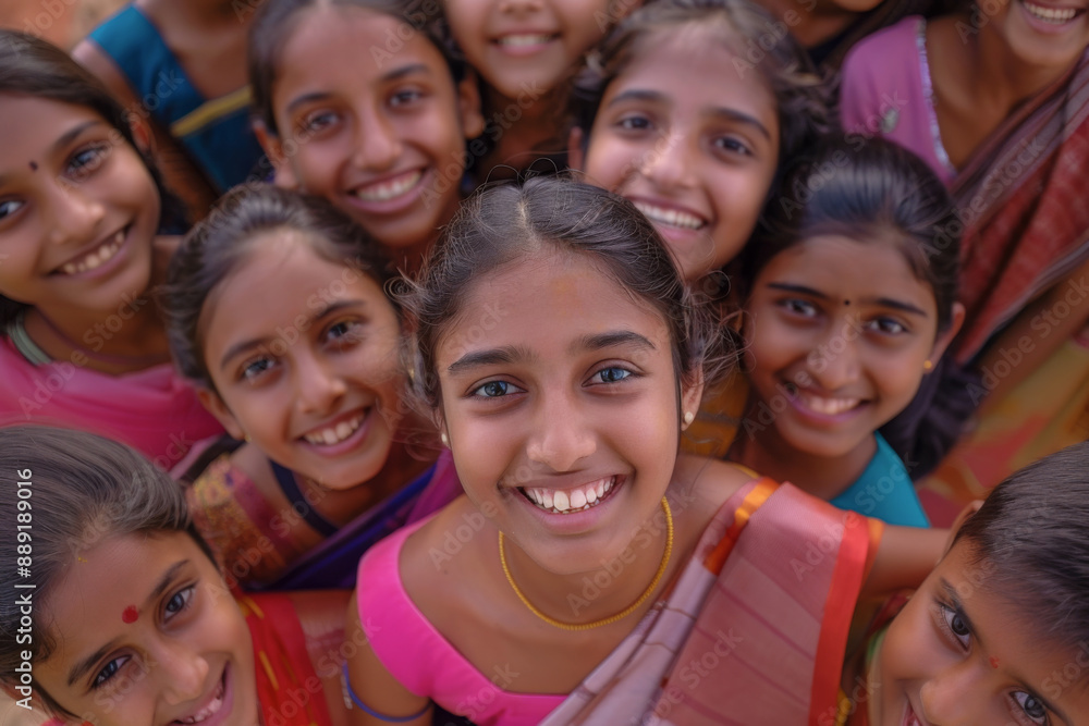 A group of female Indian teenagers looking up with smiling faces A group of female Indian teenagers looking up with smiling faces