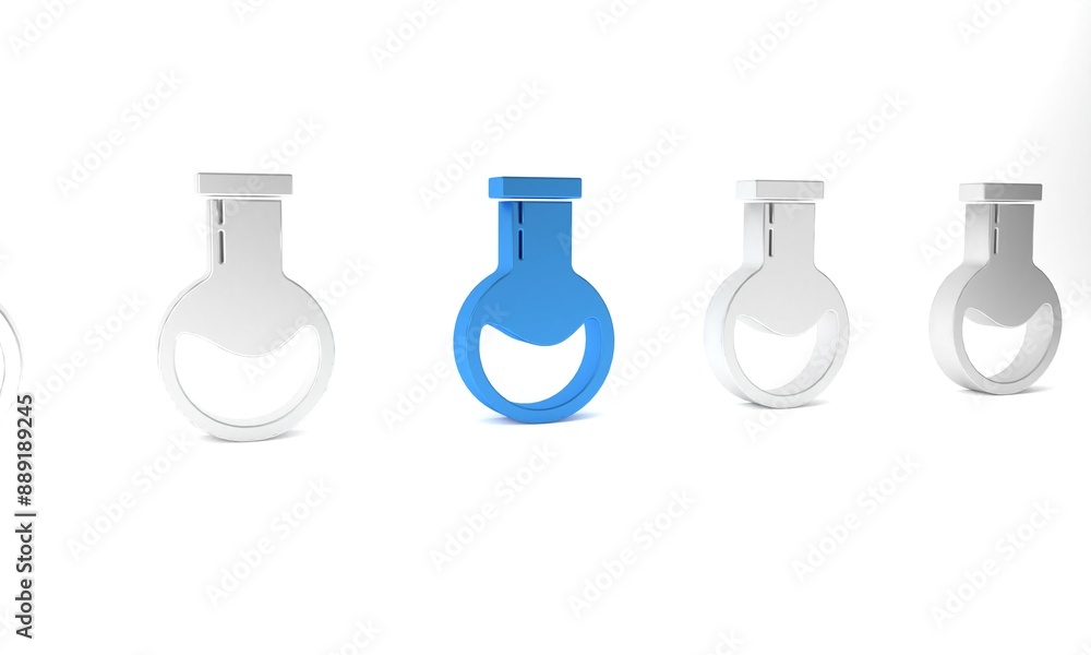 Blue Test tube and flask - chemical laboratory test icon isolated on white background. Laboratory glassware sign. Minimalism concept. 3D render illustration Blue Test tube and flask - chemical laboratory test icon isolated on white background. Laboratory glassware sign. Minimalism concept. 3D render illustration