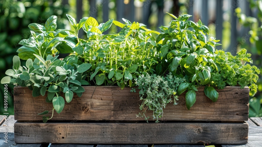 Fresh herbs growing in a wooden box. Perfect for illustrating organic gardening, homegrown food, or healthy living. Fresh herbs growing in a wooden box. Perfect for illustrating organic gardening, homegrown food, or healthy living.