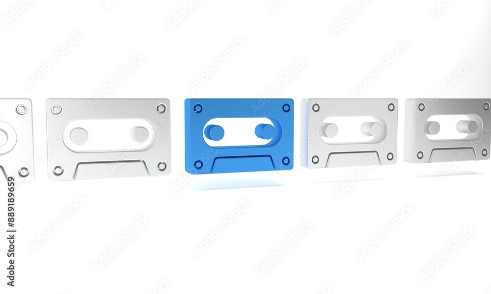 Blue Retro audio cassette tape icon isolated on white background. Minimalism concept. 3D render illustration Blue Retro audio cassette tape icon isolated on white background. Minimalism concept. 3D render illustration
