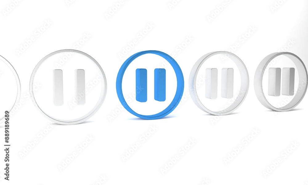 Blue Pause button icon isolated on white background. Minimalism concept. 3D render illustration Blue Pause button icon isolated on white background. Minimalism concept. 3D render illustration