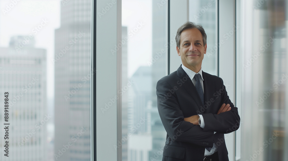 Confident businessman standing in front of the window, arms crossed and smiling with skyscrapers visible outside. Confident businessman standing in front of the window, arms crossed and smiling with skyscrapers visible outside.