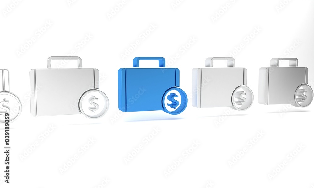 Blue Briefcase and money icon isolated on white background. Business case sign. Business portfolio. Minimalism concept. 3D render illustration Blue Briefcase and money icon isolated on white background. Business case sign. Business portfolio. Minimalism concept. 3D render illustration