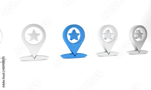 Blue Map pointer with star icon isolated on white background. Star favorite pin map icon. Map markers. Minimalism concept. 3D render illustration