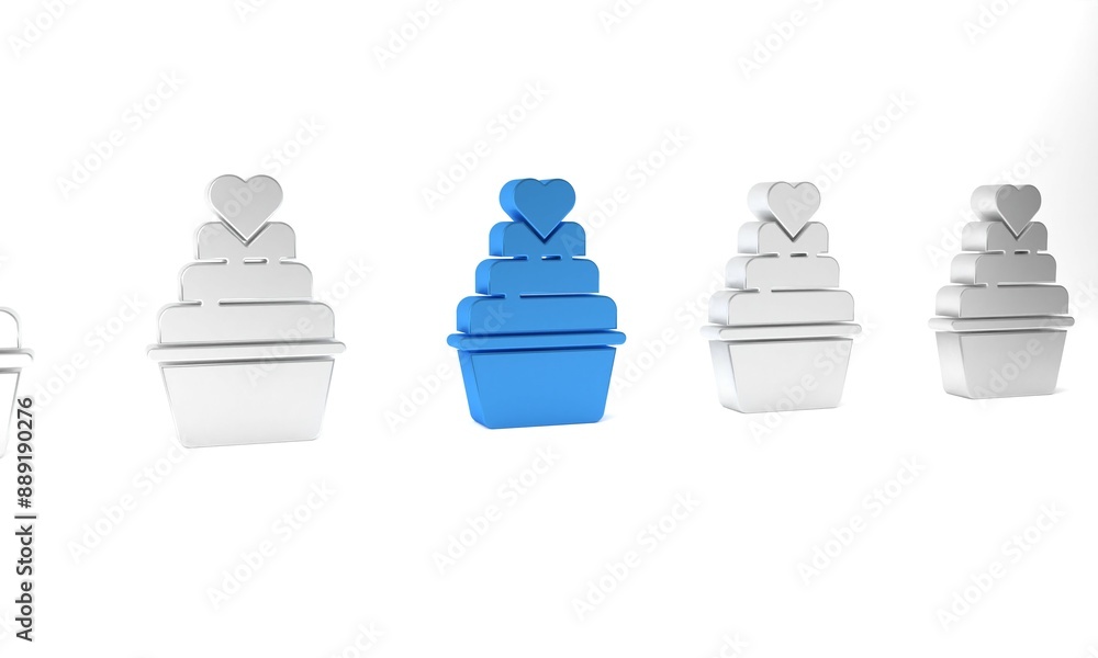 Blue Wedding cake with heart icon isolated on white background. Minimalism concept. 3D render illustration Blue Wedding cake with heart icon isolated on white background. Minimalism concept. 3D render illustration