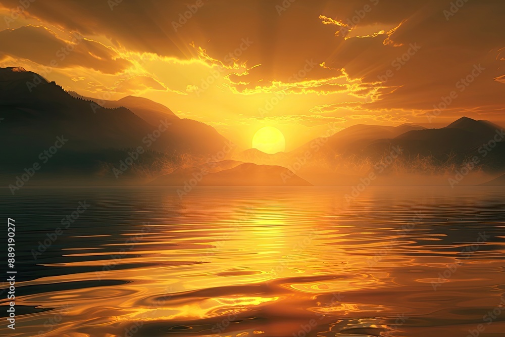 Fototapeta premium Stunning sunset over mountains and a lake. Perfect for projects about tranquility, nature, and the beauty of the outdoors.