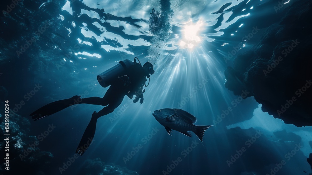 custom made wallpaper toronto digitalAn underwater scene where a pearl diver interacts with a curious fish, showcasing the harmony between humans and marine life. The diver's gentle movements and the fish's curiosity create a moment of
