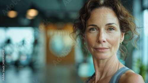 A close-up shot of a woman wearing a tank top, suitable for use in fitness or lifestyle related contexts photo