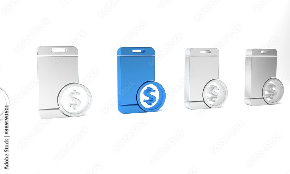 Blue Smartphone with dollar symbol icon isolated on white background. Online shopping concept. Financial mobile phone. Online payment. Minimalism concept. 3D render illustration Blue Smartphone with dollar symbol icon isolated on white background. Online shopping concept. Financial mobile phone. Online payment. Minimalism concept. 3D render illustration