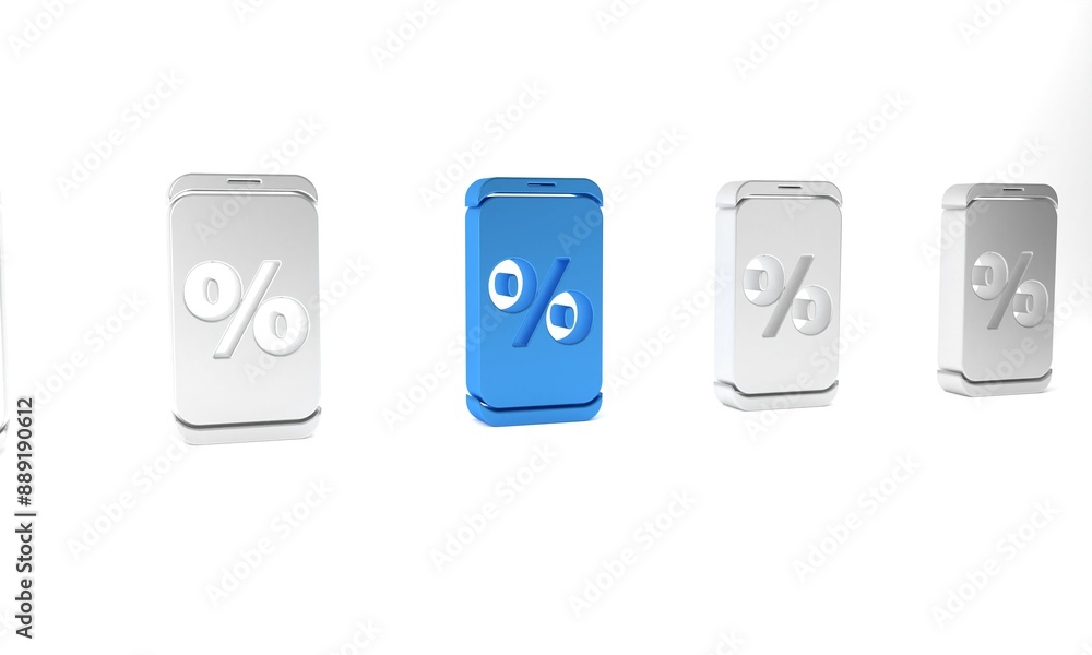 Blue Percent symbol discount and mobile phone icon isolated on white background. Sale percentage - price label, tag. Minimalism concept. 3D render illustration Blue Percent symbol discount and mobile phone icon isolated on white background. Sale percentage - price label, tag. Minimalism concept. 3D render illustration