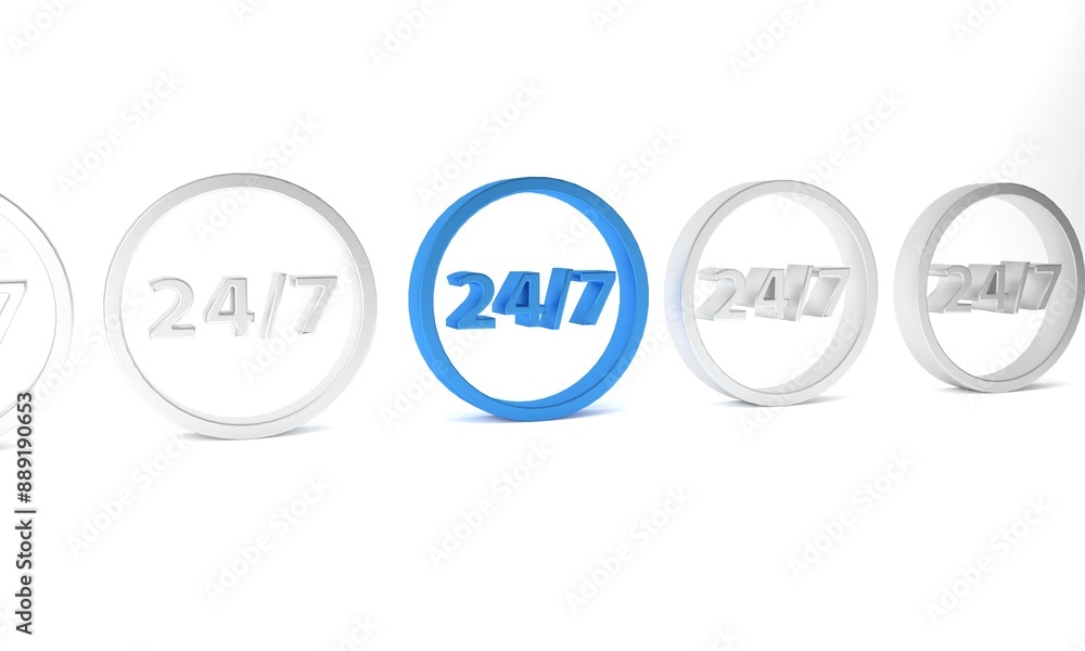Blue Clock 24 hours icon isolated on white background. All day cyclic icon. 24 hours service symbol. Minimalism concept. 3D render illustration