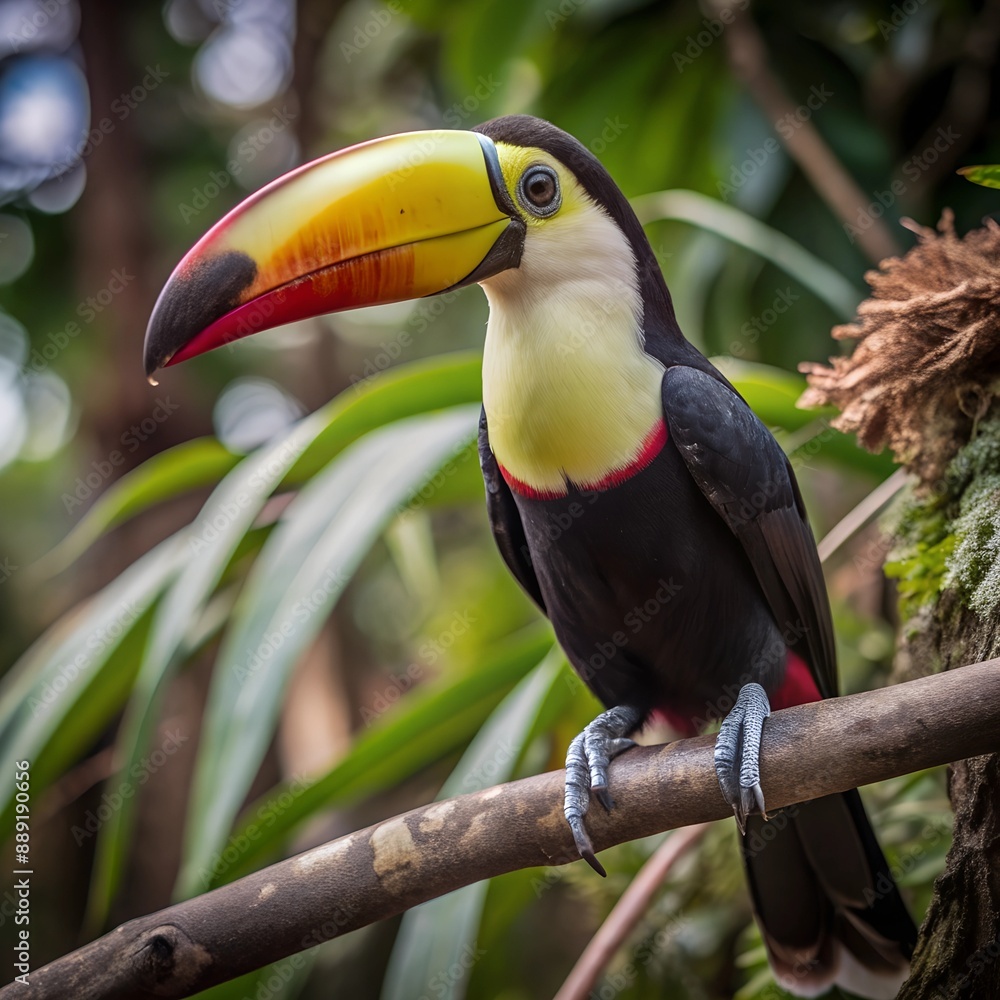 Obraz premium Colorful tropical toucan bird perched on a branch in the rainforest