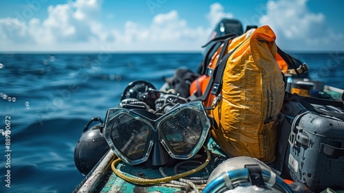 A pearl diver's equipment laid out on a boat, ready for the day's dive. The gear includes a diving mask, fins, and a collection bag, all essential for a successful pearl diving expedition. The photo