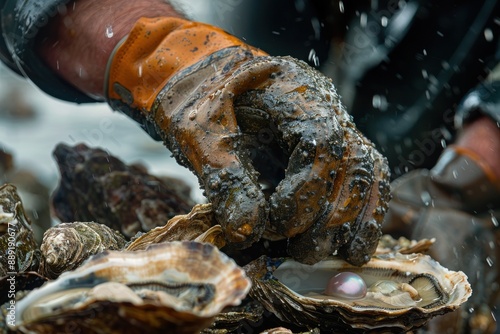 A close-up of a pearl diver's hand reaching into an oyster bed, with a shimmering pearl visible inside one of the oysters. The fine details of the diver's glove and the texture of the oyster shells photo