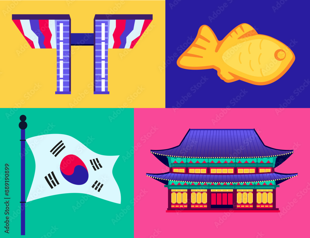 Murais de parede South Korea invites tourists - set of flat design style colorful illustrations