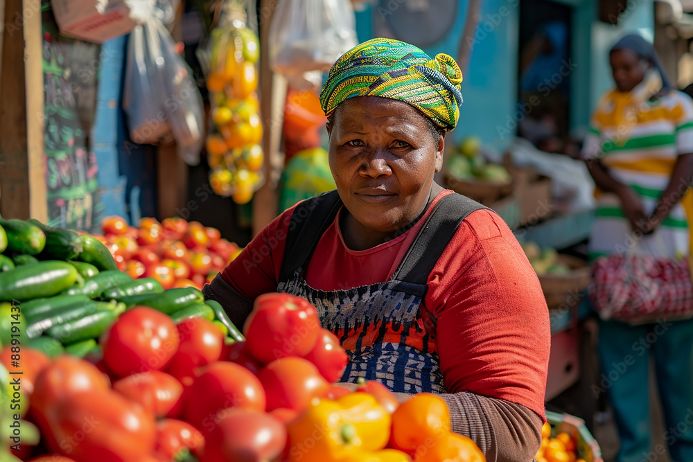 a woman sells fruits and vegetables in the market a woman sells fruits and vegetables in the market