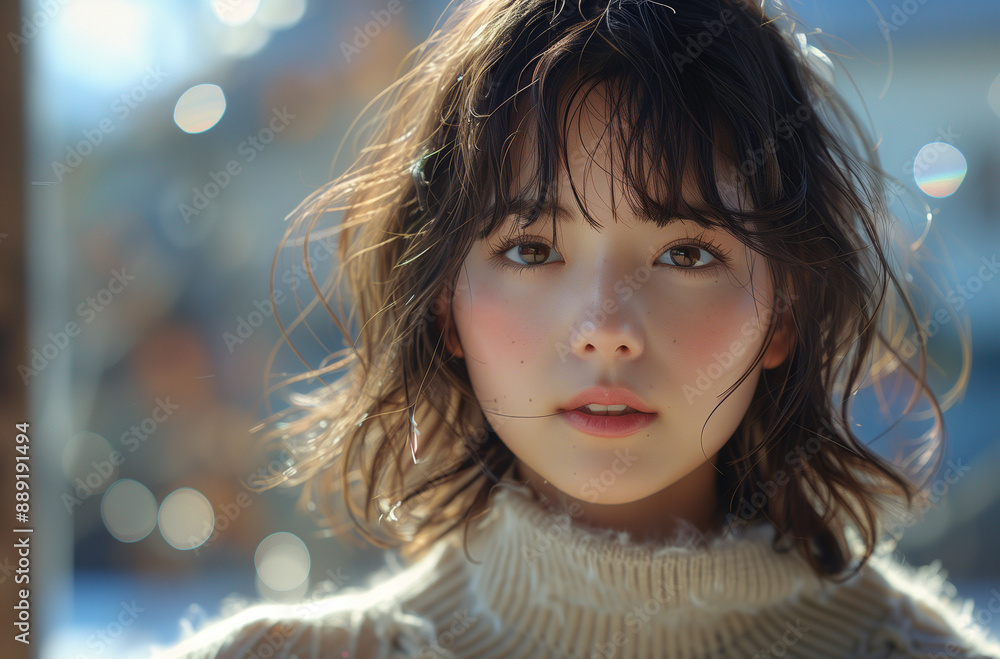 A beautiful Japanese girl with medium bob hair and wearing an off-shoulder sweater in beige and white and looking at the viewer A beautiful Japanese girl with medium bob hair and wearing an off-shoulder sweater in beige and white and looking at the viewer