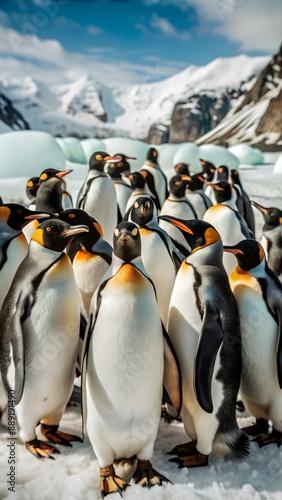 Emperor penguins huddle together on icy terrain in Antarctica photo