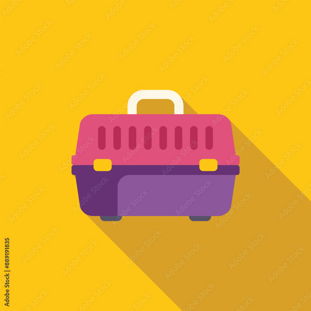 Pink and purple pet carrier is standing on yellow background, ready for travel Pink and purple pet carrier is standing on yellow background, ready for travel