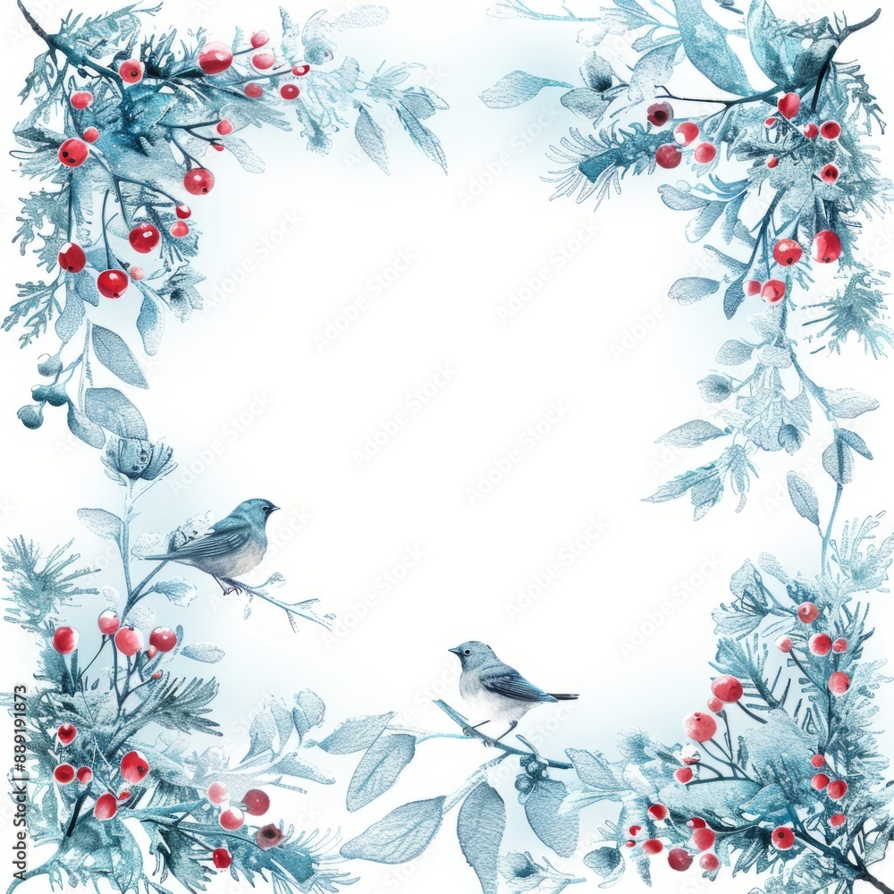 Winter border on white background. A blue and white frame with a bird and berries Winter border on white background. A blue and white frame with a bird and berries