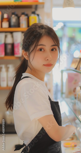 A young Japanese woman wearing an apron with white short-sleeved shirt and black skirt is working in supermarket