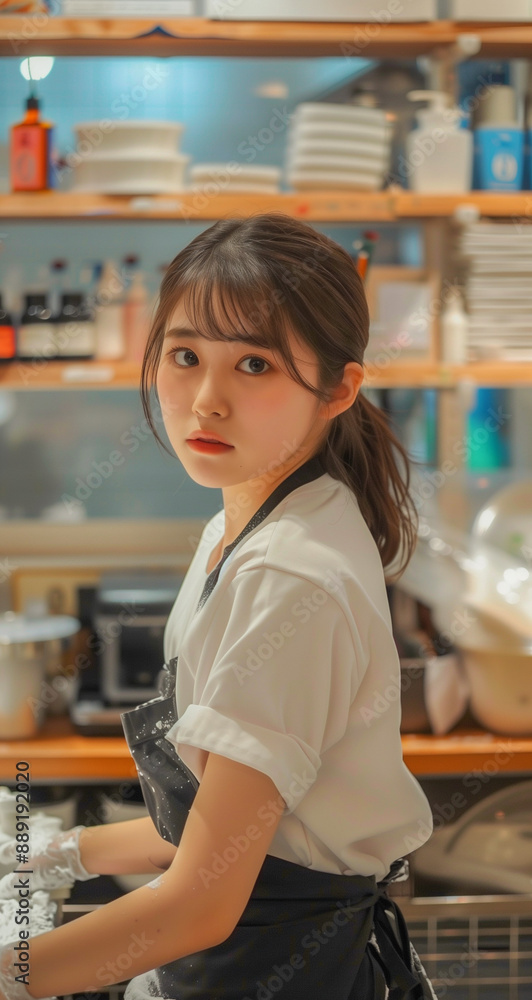 A young Japanese woman wearing an apron, white short-sleeved shirt and black skirt is cleaning the counter A young Japanese woman wearing an apron, white short-sleeved shirt and black skirt is cleaning the counter