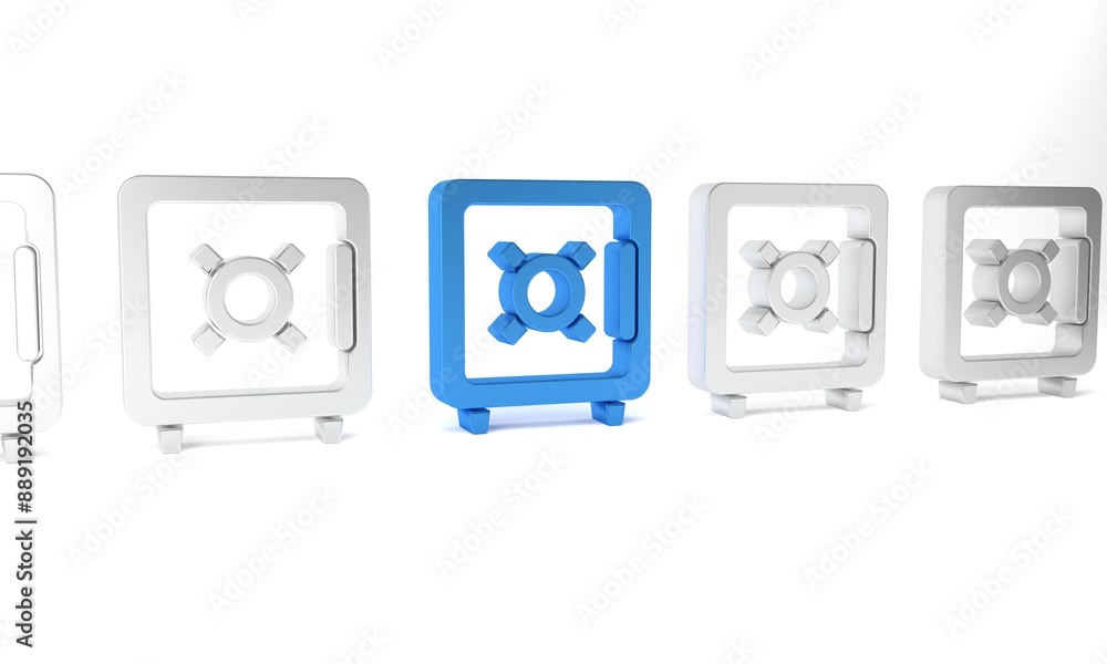 Blue Safe icon isolated on white background. The door safe a bank vault with a combination lock. Reliable Data Protection. Minimalism concept. 3D render illustration Blue Safe icon isolated on white background. The door safe a bank vault with a combination lock. Reliable Data Protection. Minimalism concept. 3D render illustration