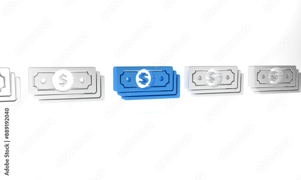 Obraz premium Blue Stacks paper money cash icon isolated on white background. Money banknotes stacks. Bill currency. Minimalism concept. 3D render illustration
