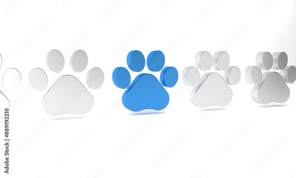 Blue Paw print icon isolated on white background. Dog or cat paw print. Animal track. Minimalism concept. 3D render illustration Blue Paw print icon isolated on white background. Dog or cat paw print. Animal track. Minimalism concept. 3D render illustration