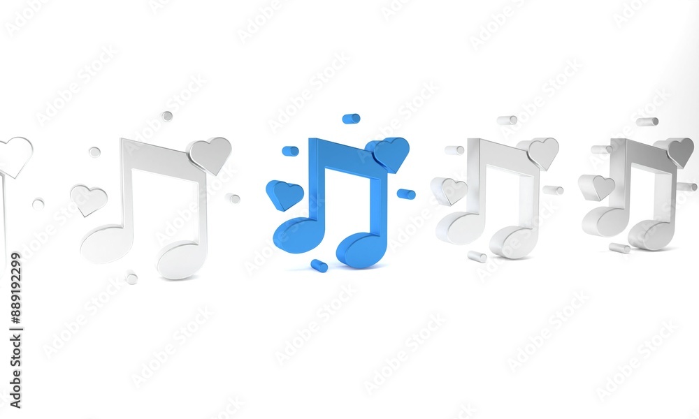 Blue Music note, tone with hearts icon isolated on white background. Minimalism concept. 3D render illustration Blue Music note, tone with hearts icon isolated on white background. Minimalism concept. 3D render illustration