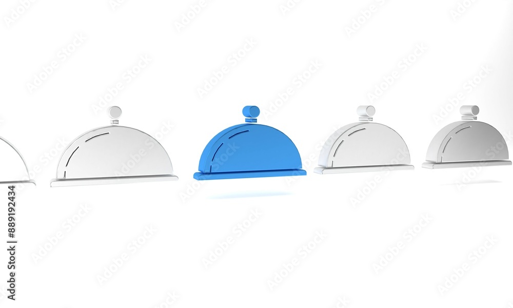 Obraz premium Blue Covered with a tray of food icon isolated on white background. Tray and lid sign. Restaurant cloche with lid. kitchenware symbol. Minimalism concept. 3D render illustration