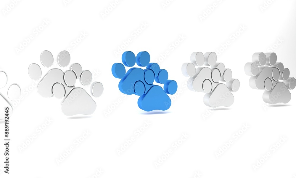 Blue Paw print icon isolated on white background. Dog or cat paw print. Animal track. Minimalism concept. 3D render illustration Blue Paw print icon isolated on white background. Dog or cat paw print. Animal track. Minimalism concept. 3D render illustration
