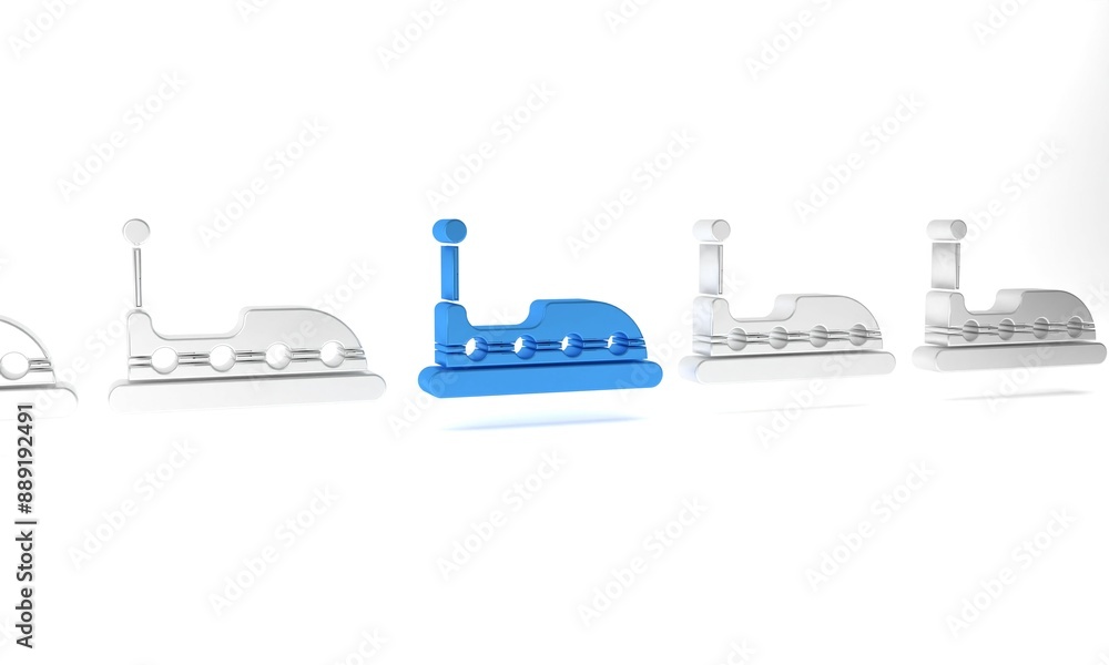 Blue Bumper car icon isolated on white background. Amusement park. Childrens entertainment playground, recreation park. Minimalism concept. 3D render illustration Blue Bumper car icon isolated on white background. Amusement park. Childrens entertainment playground, recreation park. Minimalism concept. 3D render illustration