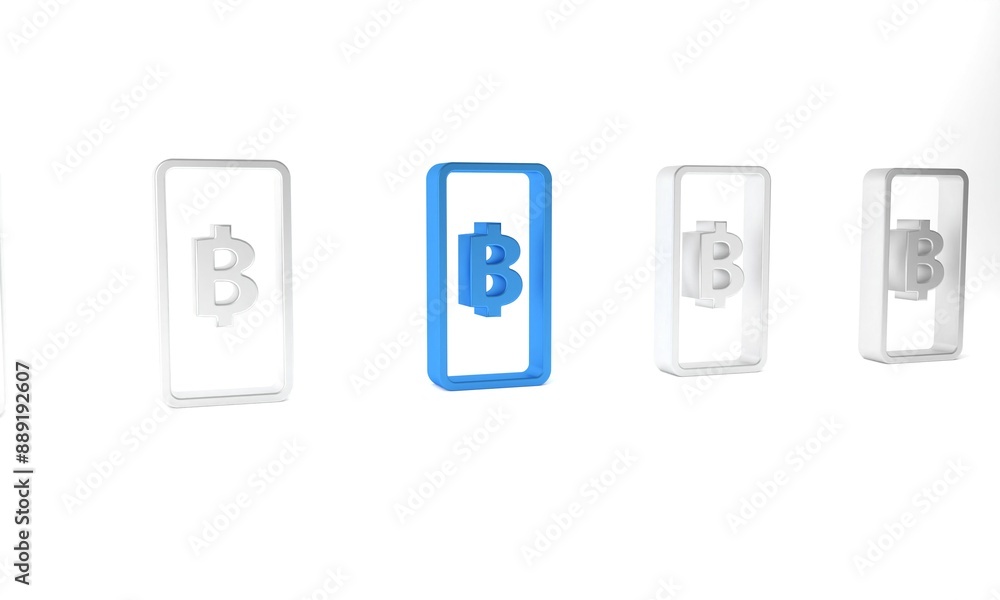 Blue Phone mobile and cryptocurrency coin Bitcoin icon isolated on white background. Physical bit coin. Blockchain based secure crypto currency. Minimalism concept. 3D render illustration Blue Phone mobile and cryptocurrency coin Bitcoin icon isolated on white background. Physical bit coin. Blockchain based secure crypto currency. Minimalism concept. 3D render illustration