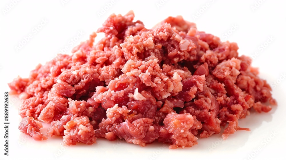 13070724 03 3. Mound of raw ground meat on a bright white background, deep red hue with a mix of lean and fat, finely chopped and evenly distributed, highlighting its freshness and quality 13070724 03 3. Mound of raw ground meat on a bright white background, deep red hue with a mix of lean and fat, finely chopped and evenly distributed, highlighting its freshness and quality