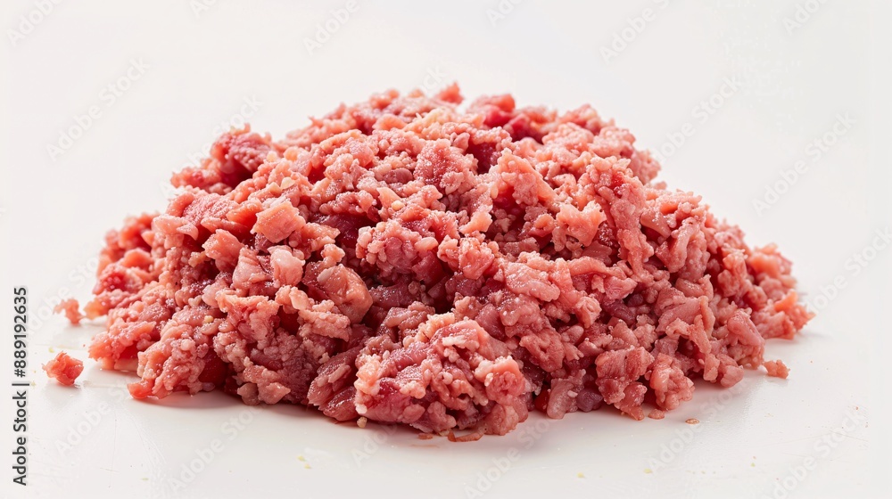 13070724 03 3. Mound of raw ground meat on a bright white background, deep red hue with a mix of lean and fat, finely chopped and evenly distributed, highlighting its freshness and quality 13070724 03 3. Mound of raw ground meat on a bright white background, deep red hue with a mix of lean and fat, finely chopped and evenly distributed, highlighting its freshness and quality