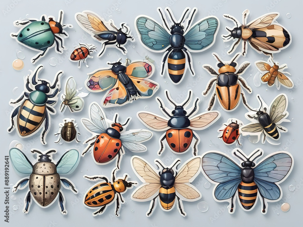 Obraz premium Colorful insect stickers set, different species, detailed illustrations, white background.