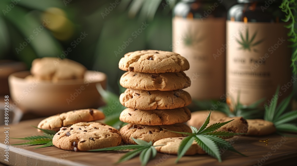Stack of Chocolate Chip Cookies With Marijuana Leaves and Bottles in the Background Stack of Chocolate Chip Cookies With Marijuana Leaves and Bottles in the Background