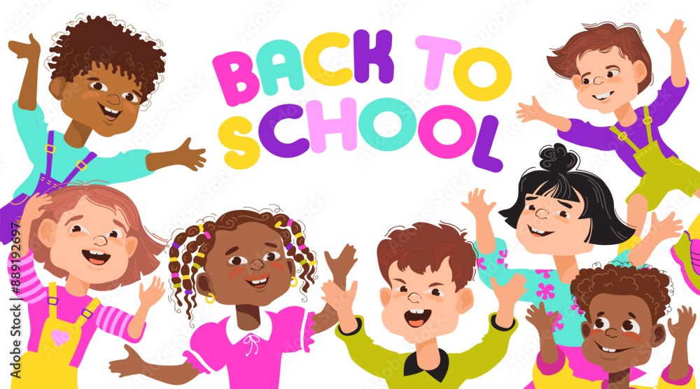 Back to school, education concept. Group of happy Kids. Multiracial funny children jumping, waving their hands, and laughing. School children of different nationalities. Cute vector illustration. Back to school, education concept. Group of happy Kids. Multiracial funny children jumping, waving their hands, and laughing. School children of different nationalities. Cute vector illustration.
