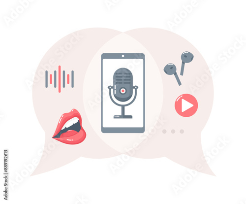 Microphone on smaptphone screen with open mouth, wireless earphones and sound icons inside speech bubbles, isolated on white background. Poscast concept. Flat vector illustration photo