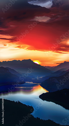 Sunrise over a lake in the mountains, reflected in the lake.