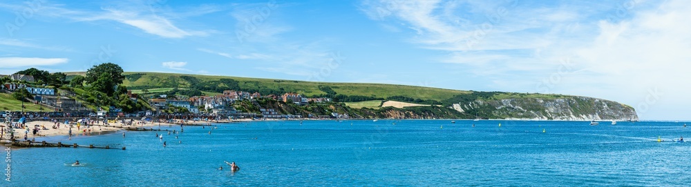 Fototapeta premium Panorama of Swanage Beach and Swanage Bay, Swanage, Dorset, England