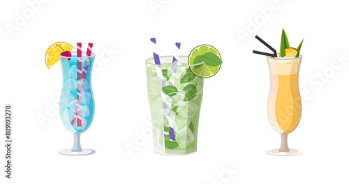 Set of tropical drinks. Summer cocktails isolated on white background. Vector illustration