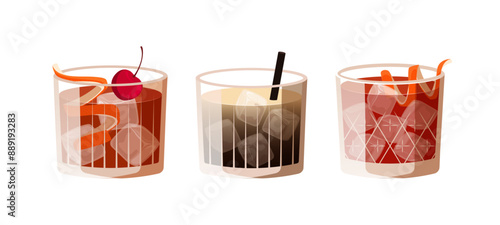 Set of cocktails in old fashioned glasses. Alcohol drinks in short glasses isolated on white background. Vector illustration